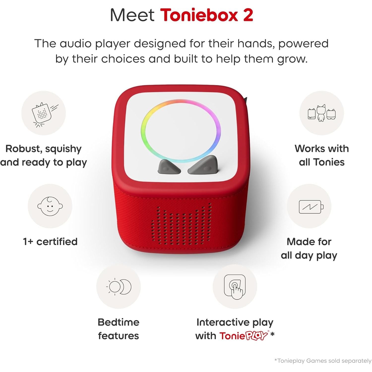 Toniebox 2 Starter Set, Speech Boosting Educational Toy for Toddlers Certified 1+, Screen-Free Audio Player with Creative Tonie Rubie – Red
